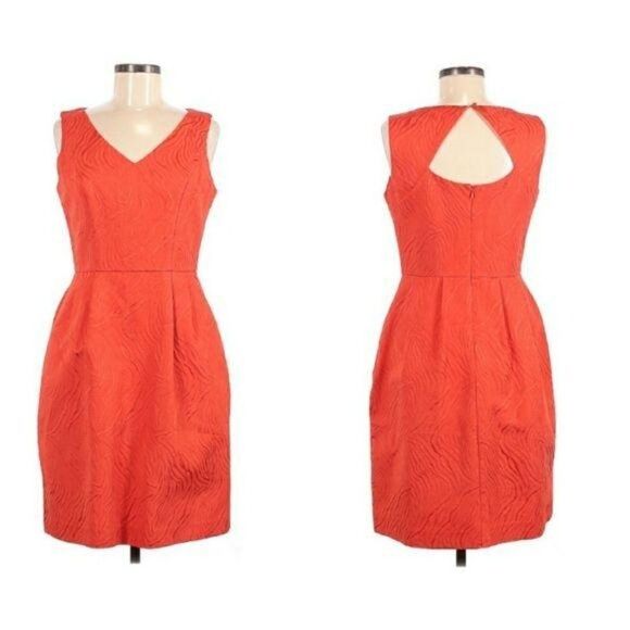 Ellen Tracy Sheath Dress V-neck Keyhole Cutouts Animal Textured Pockets Orange - Picture 1 of 12